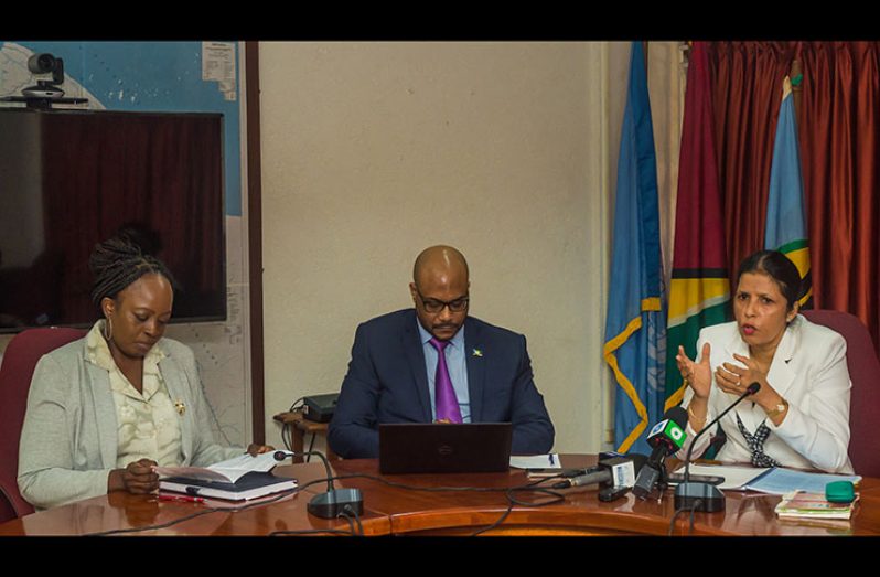Deputy Secretary General Manorma Soeknandan (at right) led the press briefing on Monday. With her are Guyana’s Ambassador to CARICOM Charlene Phoenix (at left) and Director of Strategic Management Craig Beresford. (Delano Williams photo)
