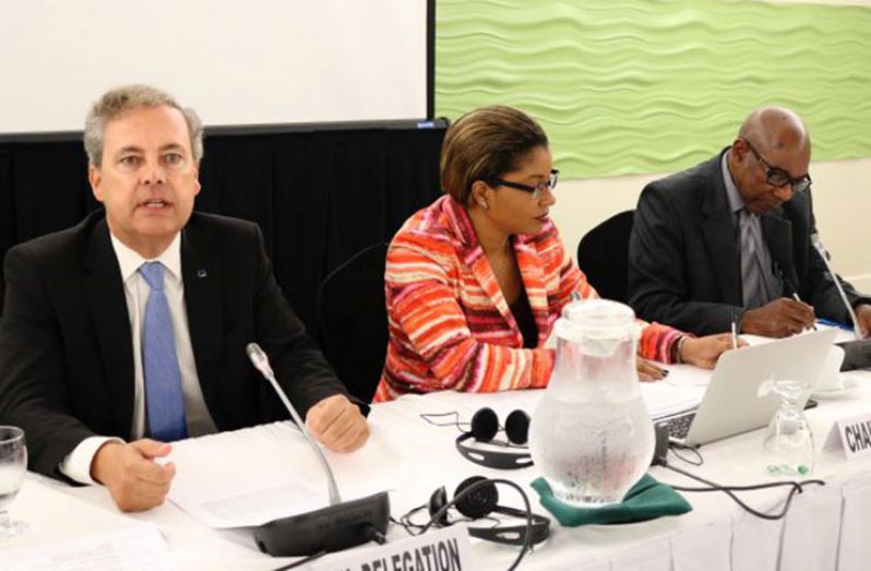 Director General of CARIFORUM Mr. Percival Marie (right) and Chairman of the Consultation, Ms. Lisa Louis Philip listen keenly as Head of Cooperation, EU Delegation in Barbados, Mr. Luis Maia speaks during the opening of the consultation