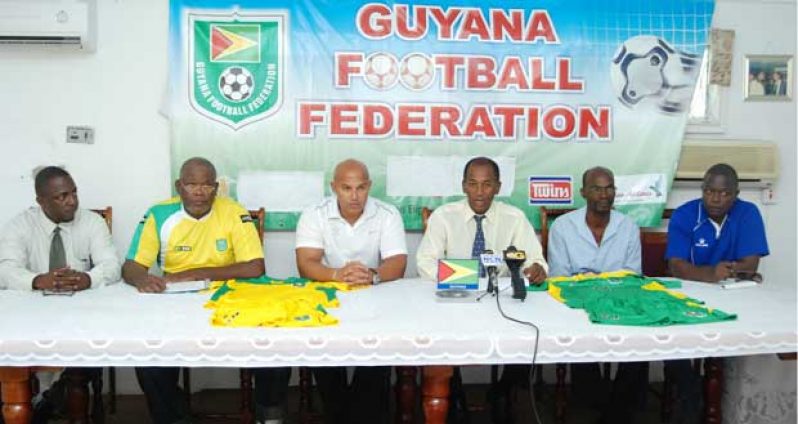 Sitting at the head table at yesterday’s GFF press conference are, from left: Carlos Bernard, Joseph Simon, Mark Rodrigues, Keith O’Jeer, Lyndon France and Brian Joseph (Cullen  Bess-Nelson photo)