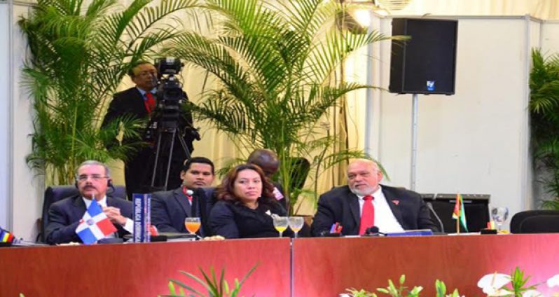 President Donald Ramotar and Foreign Affairs Minister Carolyn Rodrigues-Birkett at the Alba-PETROCARIBE Summit in Caracas
