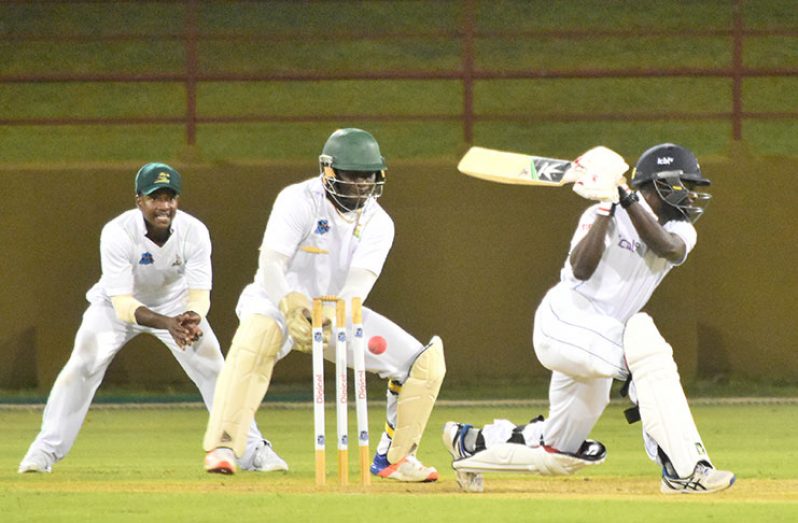Jonathan Carter bowled by Gudakesh Motie (not in picture) without scoring. (Photo by Adrian Narine)