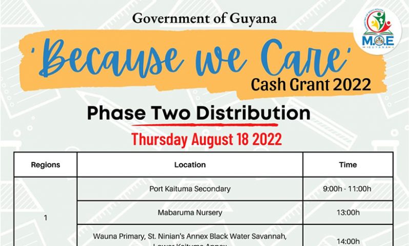 The schedule for distribution of Phase Two of the “Because We Care” cash grant