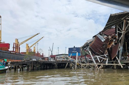 A portion of the roof covering a wharf aback the Stabroek Market which collapsed on Wednesday morning ( Cindy Parkinson photos)