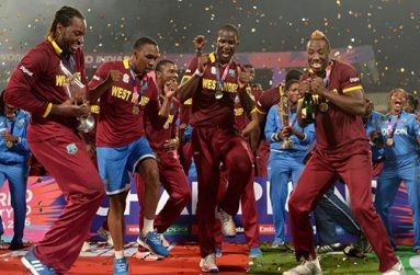 Chris Gayle, Dwayne Bravo, Darren Sammy and Andre Russell celebrate victory in Kolkata. (Getty Images)