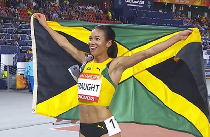 Aisha Praught celebrates after winning the women’s 3 000m steeplechase.