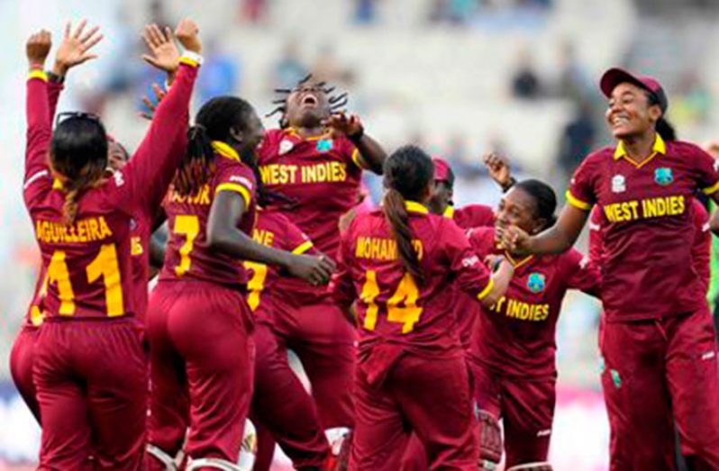 West Indies Women’s players celebrate victory in the ICC Women’s World Twenty20 Tournament last year. (WICB Media photo)