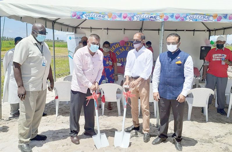 CEO of Go-Invest, Dr. Peter Ramsaroop (second from left) and CEO of Georgetown Cement Factory, Vijay Sukhdeo (second from right) turn the sod at the site identified for the cement plant. Also pictured are Prime Minister Representative, Arnold Adams (left) and Indian High Commissioner to Guyana, Dr. KJ Srinivasa (right)