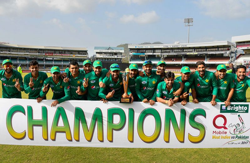 The Pakistan cricketers celebrate  their Twenty20 series win over West Indies at Queen’s Park Oval on Sunday. Photos by WICB Media/Randy Brooks of Brooks Latouche Photography