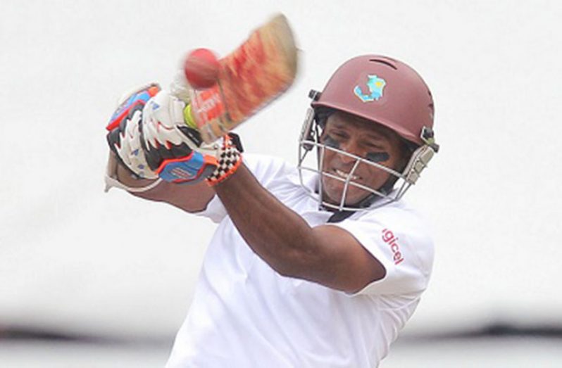 Veteran left-hander Shiv Chanderpaul struck 109 to reach his 77th first-class ton  and passed 27000 runs in the process.