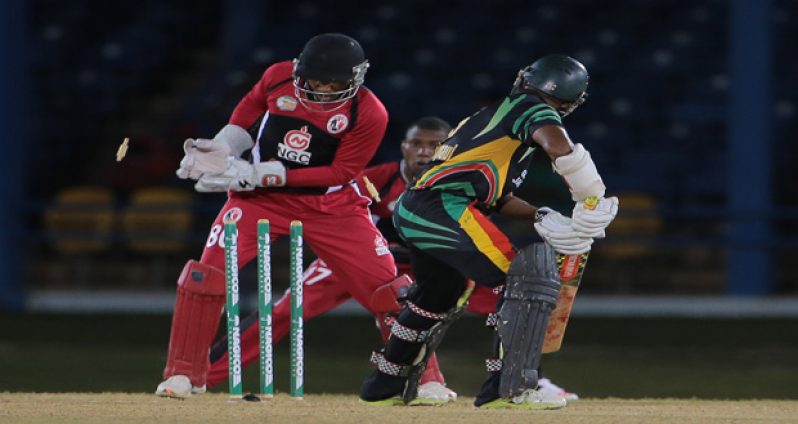 Shivnarine Chanderpaul is clean bowled for 6 in the Guyana Jaguars innings. (WICB photos).
