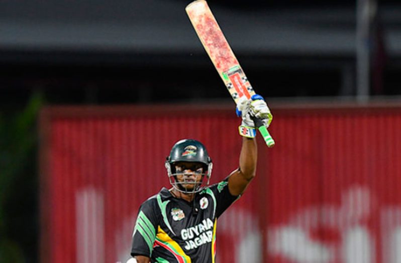Veteran Shiv Chanderpaul salutes the crowd after reaching his century against Jamaica Scorpions Thursday night. (Photo courtesy WICB Media)