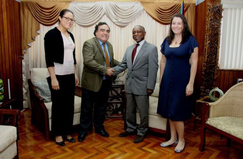 (l-r) Foreign Service Officer Ms. Sondra Cheong, Ambassador of the Republic of Chile to the Cooperative Republic of Guyana, His Excellency Claudio Rachel Rojas, Vice President and Minister of Foreign Affairs, the Honourable Carl B. Greenidge, and third Secretary in the Embassy of Chile in Georgetown, Guyana, Ms. Carolina Faune.
