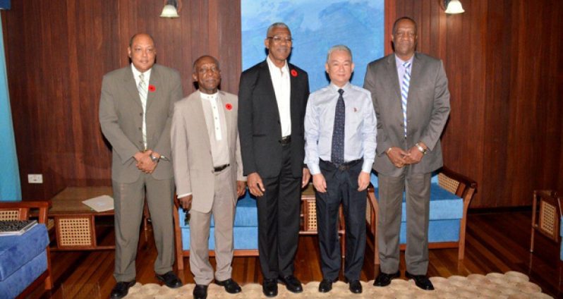 From left: Minister of Governance Raphael Trotman, Minister of Foreign Affairs Carl Greenidge, President David Granger, China’s Ambassador to Guyana, His Excellency Mr. Zhang Limin and Minister of State Joseph Harmon, before the meeting was convened
