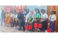 The winners of the Guyana-China Friendship Youth Leadership Development Competition with Chinese Embassy officials, teachers and officials of the Ministry of Education yesterday following the ceremony (Michel Outridge photo)