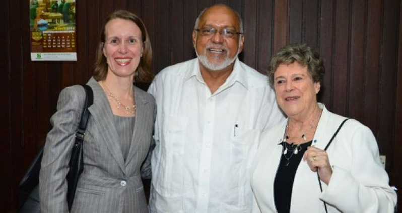 From left, Canadian High Commissioner Dr. Nicole Giles, President Donald Ramotar and former Canadian Supreme Court Judge Claire L'Heureux-Dubé