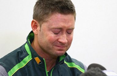 A tearful  Michael Clarke speaks about Phillip Hughes on behalf of the Australian team at the  Sydney Cricket Ground,yesterday