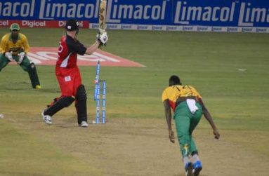 Got him! Guyana Amazon Warriors’ fast bowler Ronsford Beaton shatters the stumps of Red Steel’s Kevin O’Brien with the first ball of that team’s final over last night. The wicketkeeper is Denesh Ramdin. (Photo by Adrian Narine)