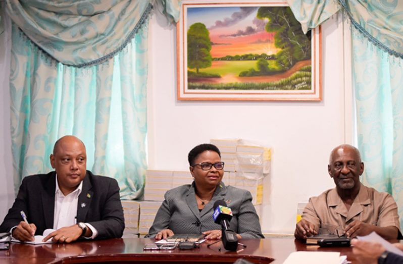 Ministers of Natural Resources Raphael Trotman, Public Health Volda Lawrence and junior Social Protection Minister Keith Scott during their meeting with the PAHO team