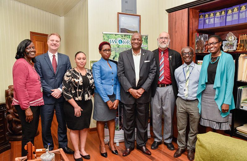 Minister of State, Mr. Joseph Harmon is flanked by, from left to right: Consultants, Dr. Zoikla Fletcher-Payton, Dr. Daniel Buss, Ms. Tamica Noel; Head of the Office of Climate Change, Ms. Janelle Christian; PAHO/WHO Senior Adviser, Environmental Health and Sustainability, Eng Adrianus Vlugman; PAHO/WHO, Country Representative, Dr. William Adu-Krow and Ministry of the Presidency Political Assistant, Ms. Tabitha Sarabo- Halley (MoTP photo)
