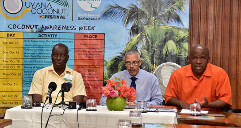 At yesterday’s media briefing are, from left, Permanent Secretary in the Ministry of Agriculture, Mr George Jervis; Minister of Business and Tourism, Mr Dominic Gaskin; and Director-General of Tourism, Mr Donald Sinclair