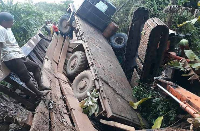 The Yamatwao Bridge in the South Rupununi which collapsed recently under extraordinary pressure