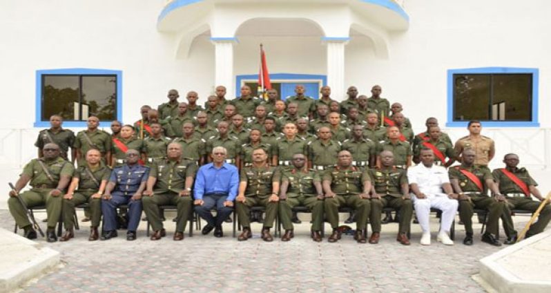 Commander-in-Chief, President David Granger and senior officers of the Guyana Defence Force, along with participating officers of the Standard Officers’ Course #48.