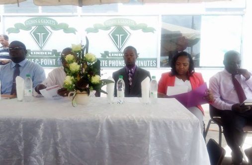 From Left is President of the Linden Chamber of Commerce, Kevin Deyoung, Regional Chairman, Renis Morian, Mayor of Linden, Carwyn Holland, CEO of LEN, Tandika Miller and Chairman of the coordinating committee, Mr. Staydon Payne