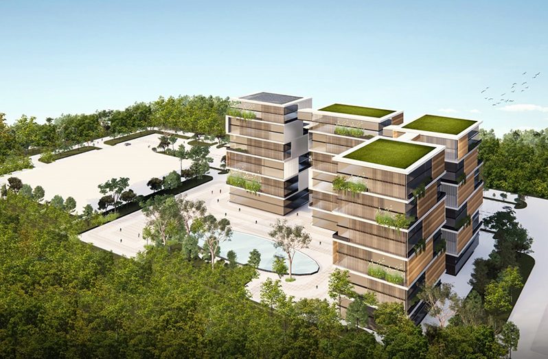 The artist impression of the $15.8 billion government office complex to be built at Huston on the East Coast Demerara.