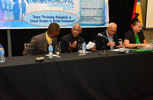President David Granger in discussion with Mayor of Linden Mr. Carwyn Holland at the inaugural Municipal Conference 2017