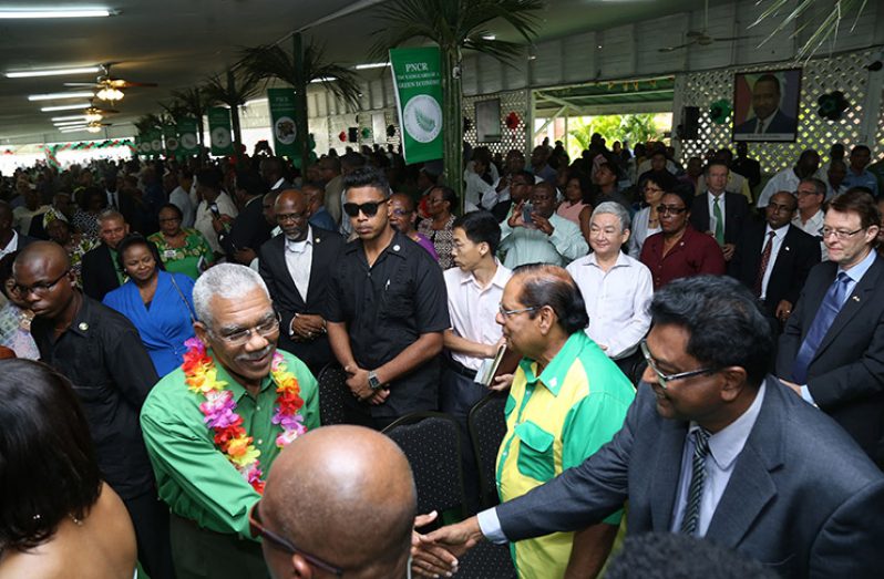 Flashback! President David Granger, greets AFC leader and Minister of Public Security Khemraj Ramjattan ahead of the opening of the PNCR’s 19th Biennial Delegates’ Congress at Congress Place, Sophia back in August 2016. Also in photo are Prime Minister, Moses Nagamootoo and other officials of the PNCR