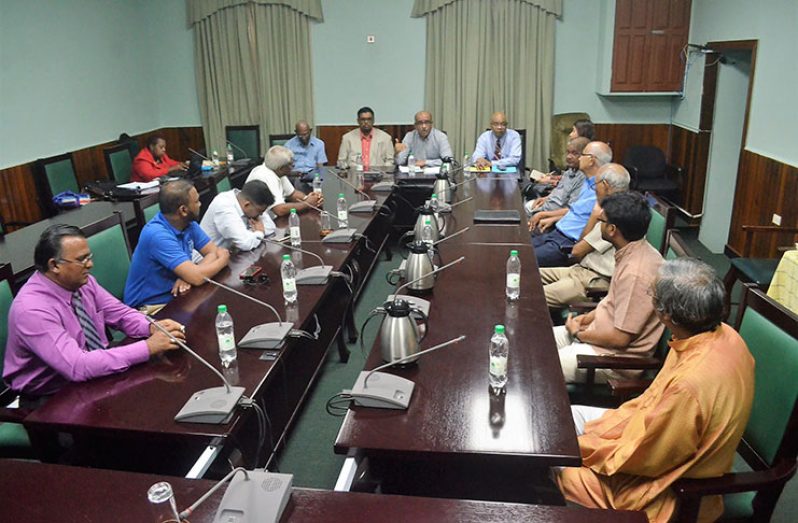 Opposition Leader, Bharrat Jagdeo, along with top leaders of the PPP meeting with representatives of Hindu and Muslim organisations at  Parliament Building