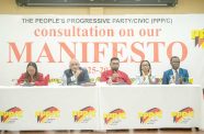 From left to right: Minister of Amerindian Affairs Pauline Sukhai, PPP General Secretary and Guyana’s Vice President Dr. Bharrat Jagdeo, President Dr. Irfaan Ali, Minister of Tourism Industry and Commerce Oneidge Walrond; and Minister of Foreign Affairs and International Cooperation Hugh Todd