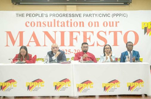 From left to right: Minister of Amerindian Affairs Pauline Sukhai, PPP General Secretary and Guyana’s Vice President Dr. Bharrat Jagdeo, President Dr. Irfaan Ali, Minister of Tourism Industry and Commerce Oneidge Walrond; and Minister of Foreign Affairs and International Cooperation Hugh Todd