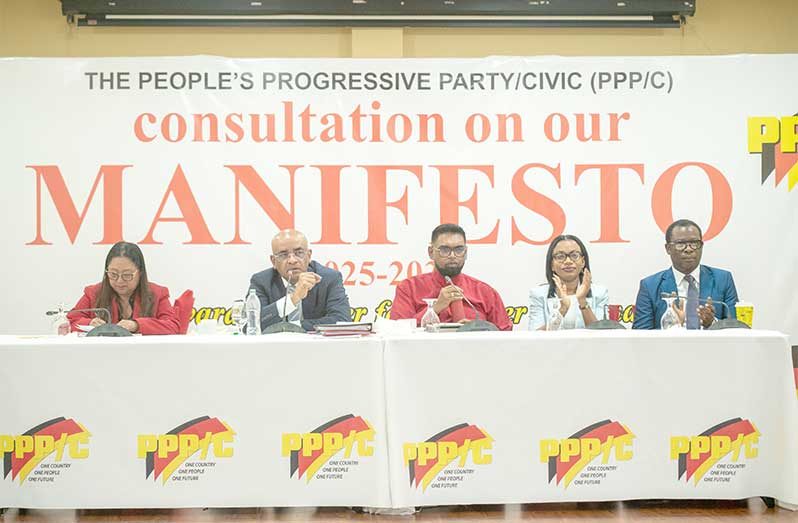 From left to right: Minister of Amerindian Affairs Pauline Sukhai, PPP General Secretary and Guyana’s Vice President Dr. Bharrat Jagdeo, President Dr. Irfaan Ali, Minister of Tourism Industry and Commerce Oneidge Walrond; and Minister of Foreign Affairs and International Cooperation Hugh Todd