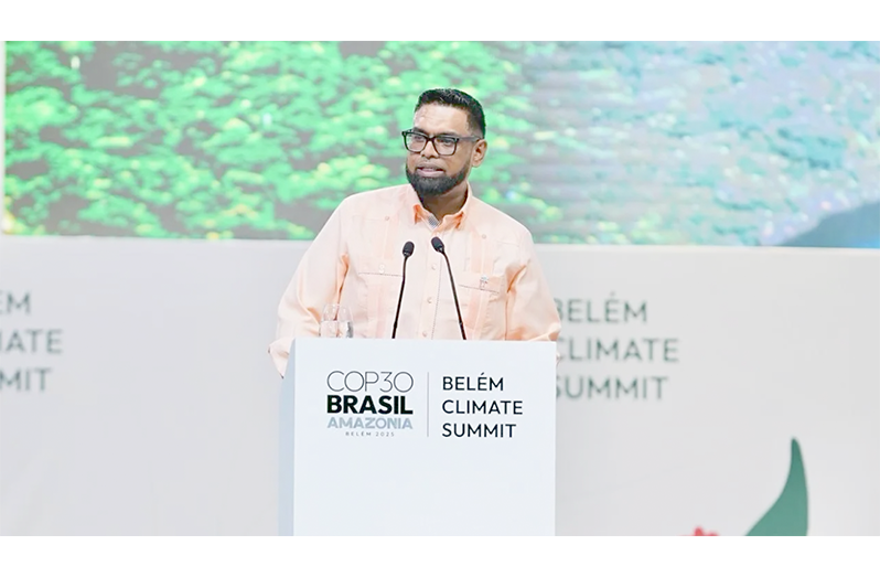 President Dr. Irfaan Ali during his address in Belém, Brazil (Office of the President photos)