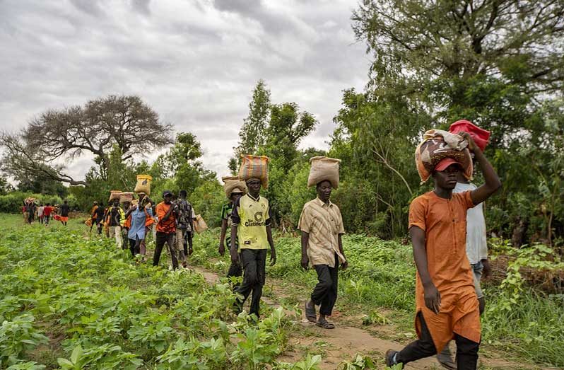 Construction work underway on a flood protection dam in Niger