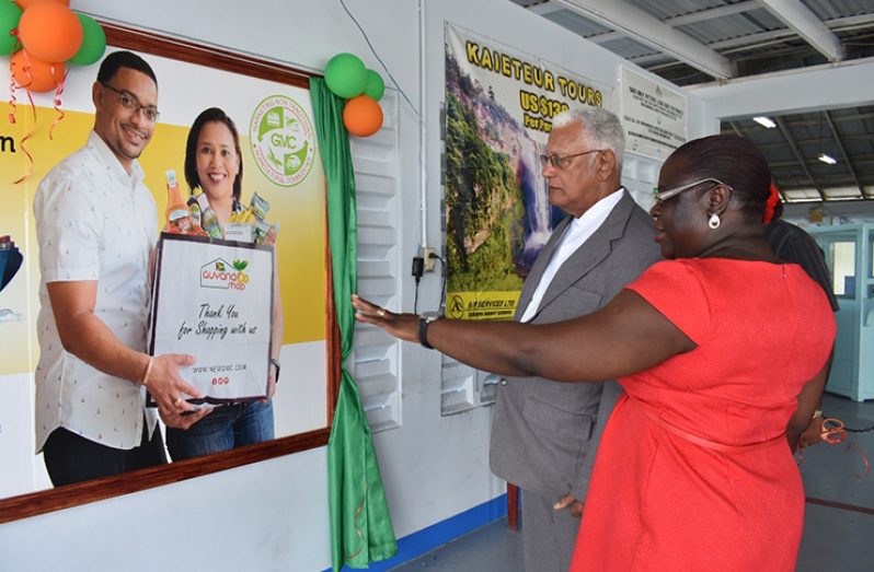 Ms. Ida Sealey-Adams discussing the billboard concept to the Minister of Agriculture, Mr. Noel Holder