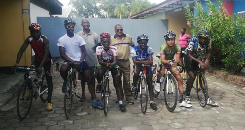 Team Guyana after training yesterday, at the Star Dust Hotel in Suriname, with national cycling coach within the National Sports Commission, Hassan Mohamed (at centre). (Rawle Toney photo)