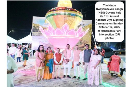 The Hindu
Swayamsevak Sangh
(HSS) Guyana held
its 11th Annual
National Diya Lighting
Ceremony on Sunday,
October 12, 2025,
at Rahaman’s Park
Intersection (DPI
photo)