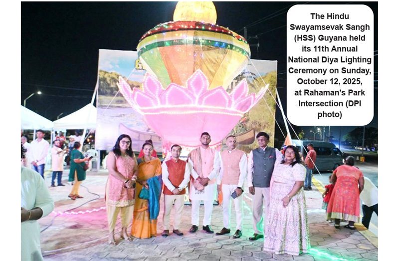 The Hindu
Swayamsevak Sangh
(HSS) Guyana held
its 11th Annual
National Diya Lighting
Ceremony on Sunday,
October 12, 2025,
at Rahaman’s Park
Intersection (DPI
photo)