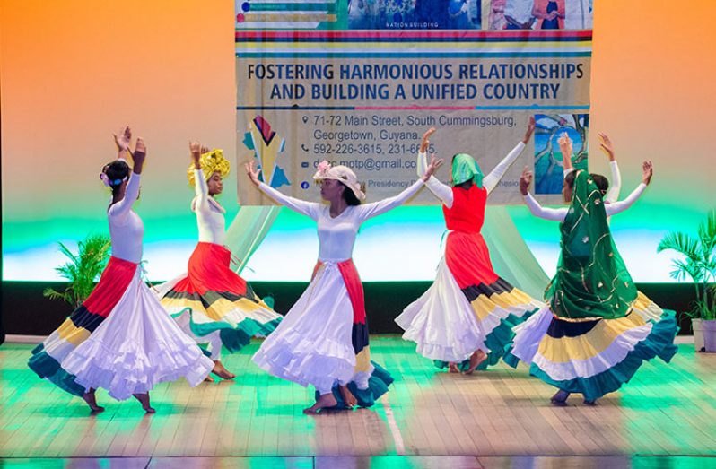 Dancers of the National Dance Company performing a piece celebrating Guyana’s six races (Delano Williams)