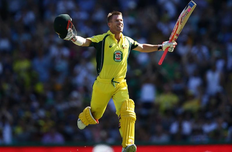 David Warner is delighted after bringing up his first ODI hundred against Pakistan in Sydney,yesterday.