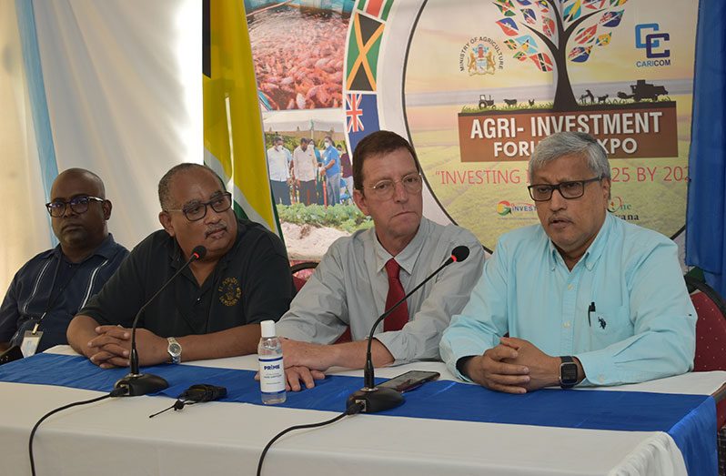 The head table at Saturday’s press conference, (from left):  DDL Topco Managing Director, Ramesh Persaud; DDL Government Affairs Consultant, Wesley Kirton; LR Group Livestock Projects Director, Rami Ofer, and DDL Chairman, Komal Samaroo (Elvin Croker photo)