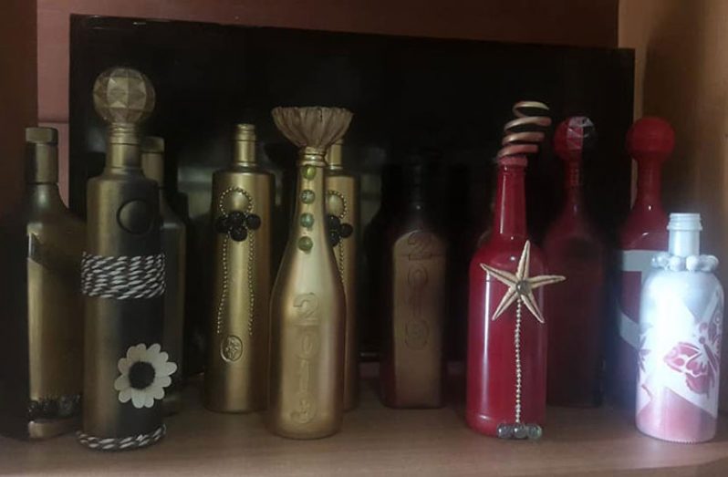Some of the decorative bottles created by Sonia