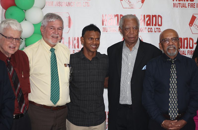 Some of the notable names at the launch, from right, Dr Ian McDonald, John Carpenter, Dr Shivnarine Chanderpaul, Lance Gibbs and Professor Seecharan.