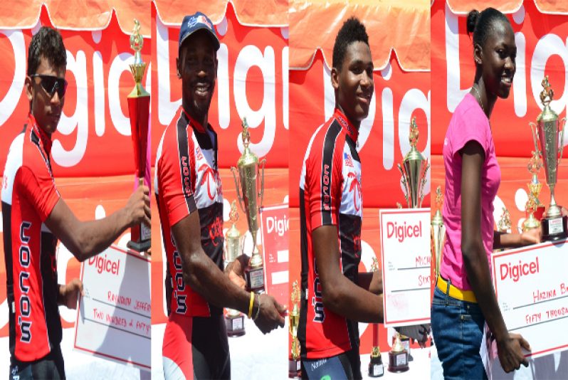 Four winners in a row, from left Raynauth Jeffrey, Junior Niles and Michael Anthony of Team Cocos Guyana, along with the lone female Hazina Bharrat collect their spoils after topping their respective categories in yesterday’s Digicel ‘Cancer Awareness’ road race. (Photo by Adrian Narine)