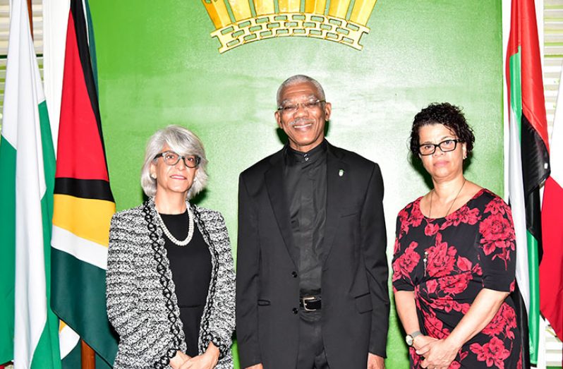 Ambassador of the United Arab Emirates to Guyana, Ms. Hafsa Abdulla Mohammed Shar?f al Ulama, with President David Granger and Director General of the Ministry of Foreign Affairs, Audrey Waddell (Ministry of the Presidency photo)
