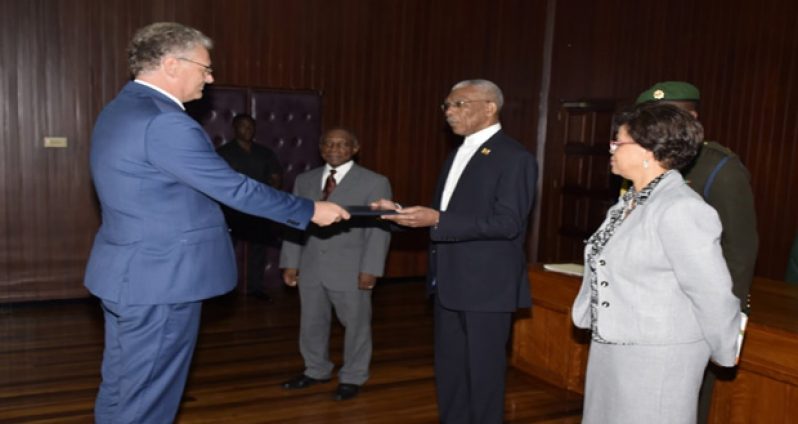 European Union Ambassador, H.E Jernej Videtic as he presented his Letters of Credence to President David Granger, in the presence of, Foreign Affairs Minister, Carl Greenidge and Director General, Ambassador, Ms. Audrey Waddell.