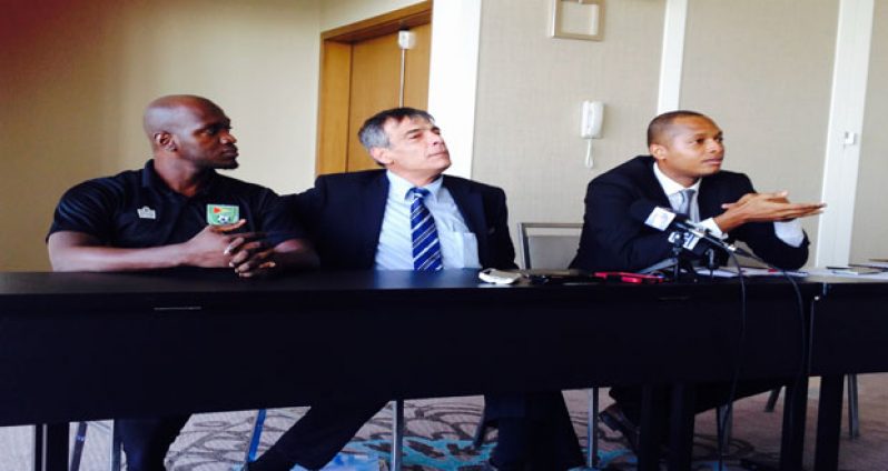 From left: Rawle Toney , GFF Director of Marketing and Communication, FIFA Head of Member Associations Primo Cavaro and GFF Normalisation Chairman Clinton Urling.