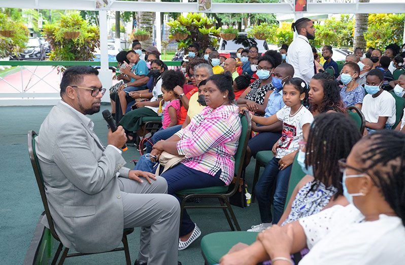 President Irfaan Ali meeting with parents and their children with disabilities on Friday at State House